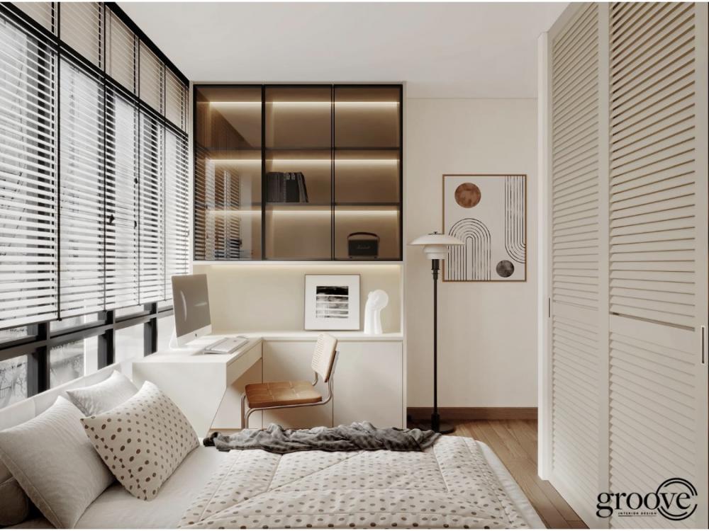 Modern Bedroom with Bookshelf and Vinyl Flooring