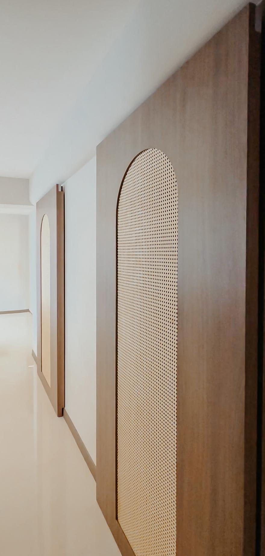 Asian Hallway with Feature Wall and Doors