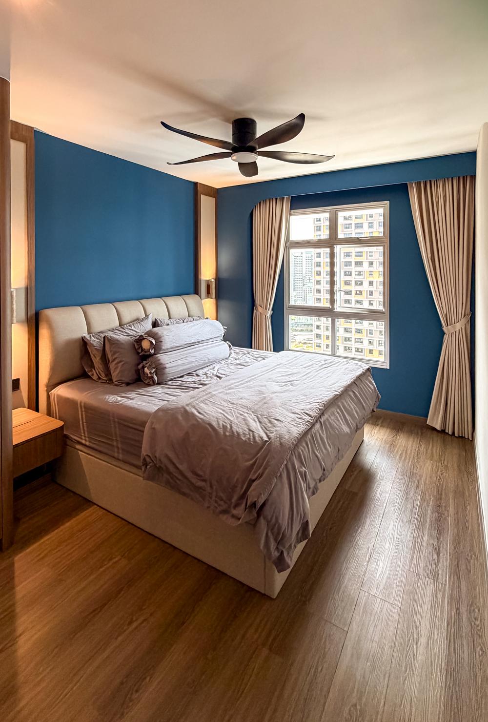 Asian Bedroom with Vinyl Flooring and Feature Wall