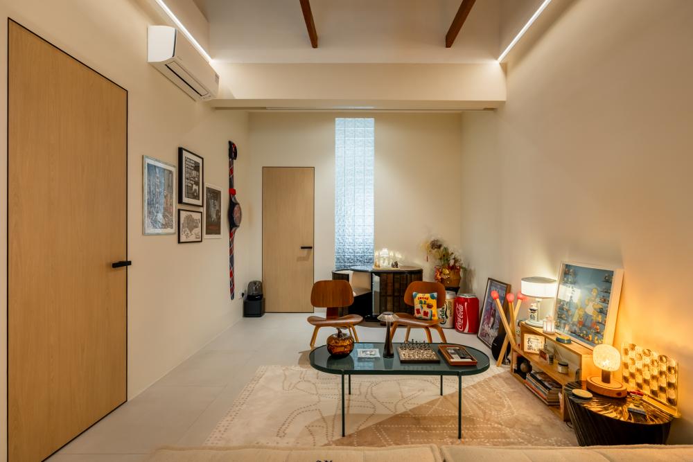 Eclectic Living Room with Ceiling Light and Side Table
