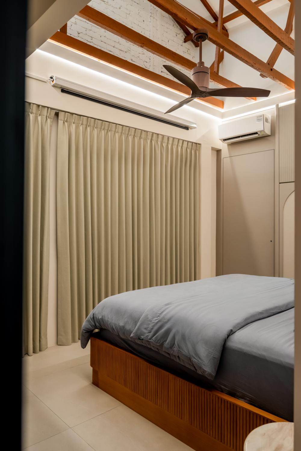 Eclectic Bedroom with Lighting and Blinds