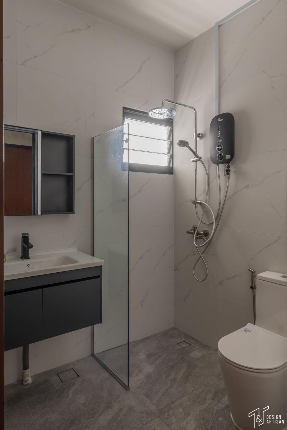 Scandinavian Bathroom with Showers and Flooring