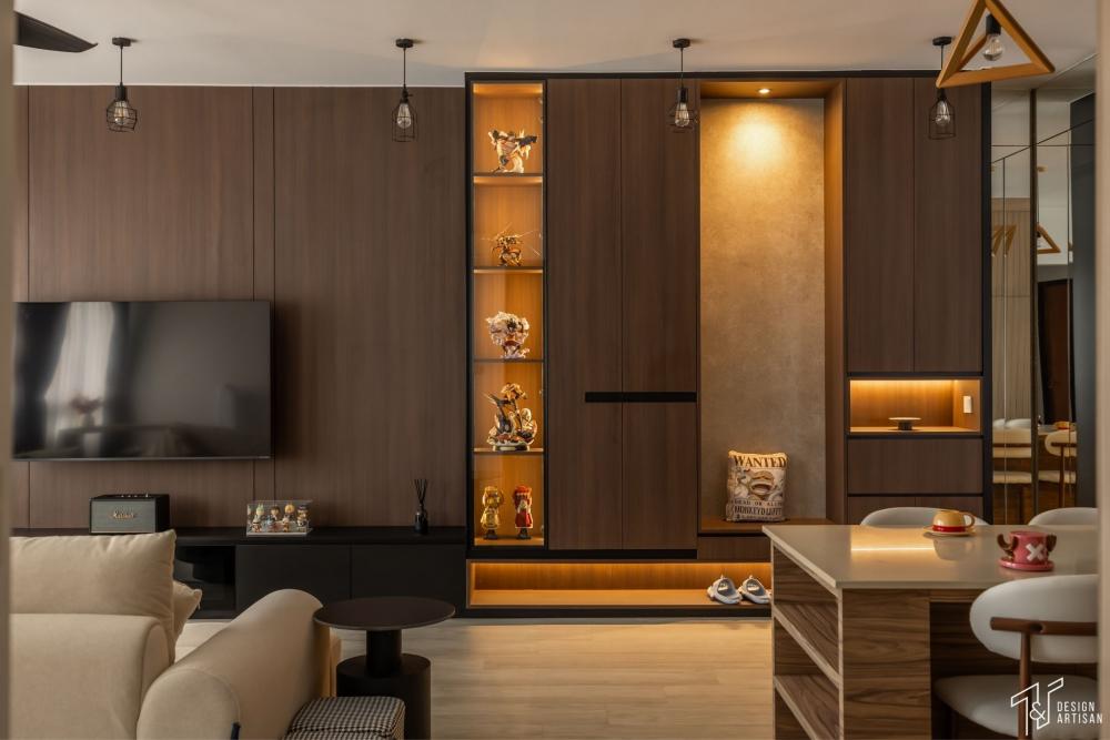 Scandinavian Living Room with Feature Wall and Display Cabinets