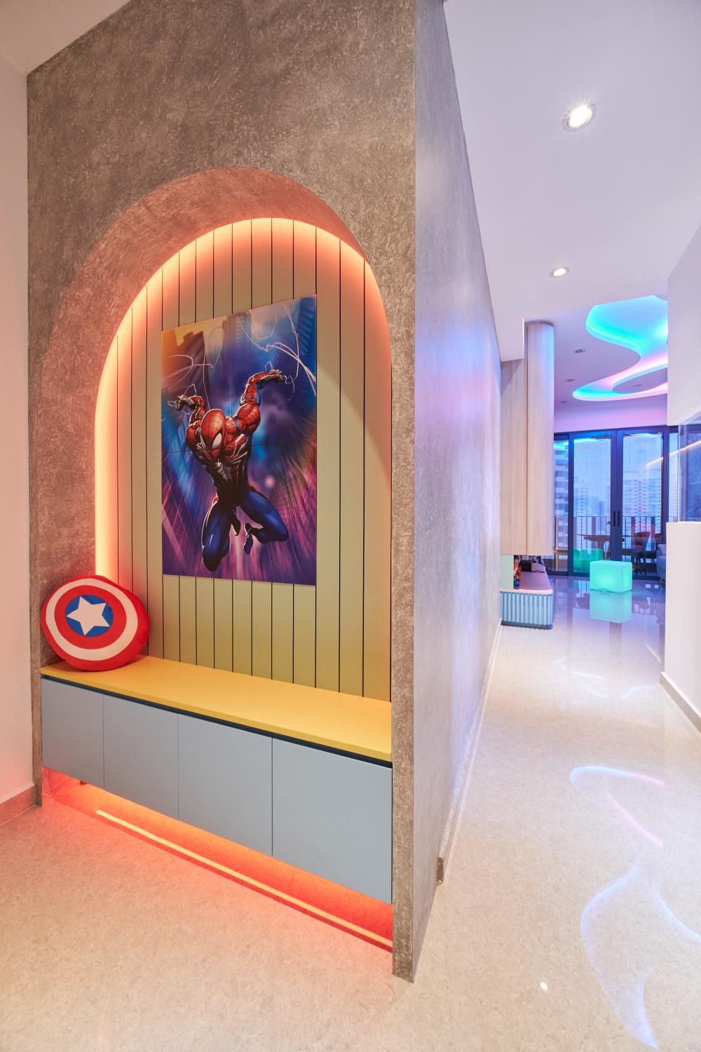 Eclectic Foyer with Feature Wall and Artwork