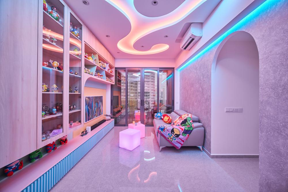 Eclectic Living Room with TV Console and Feature Wall