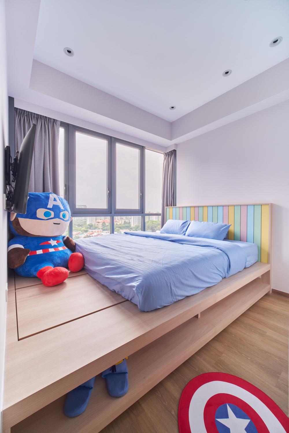 Eclectic Bedroom with Platform Bed and Wood Flooring