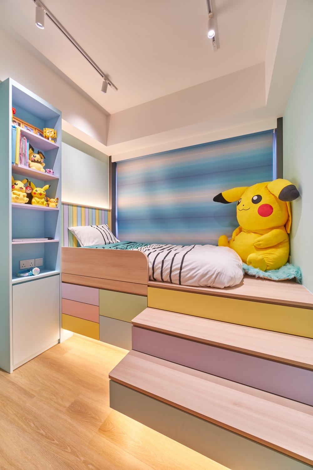 Eclectic Bedroom with Bookshelf and Platform Bed