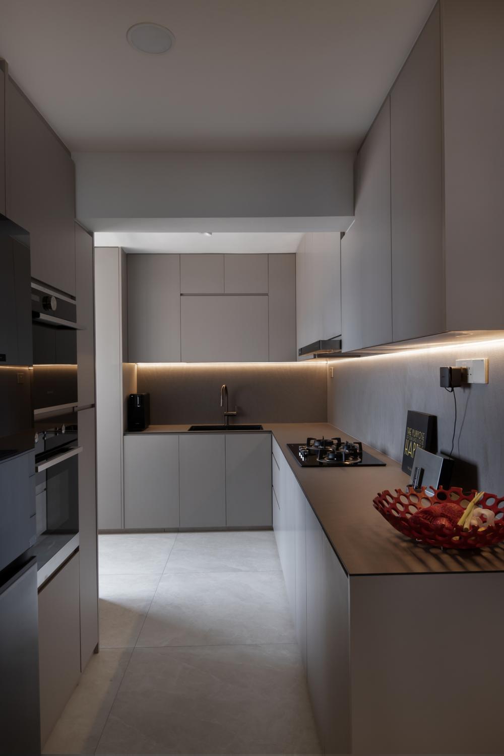 Contemporary Kitchen with Kitchen Window and Cupboard