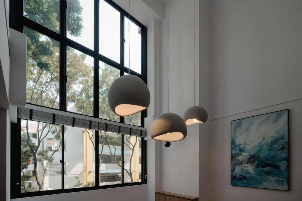 Scandinavian Dining Room with Drop Light and Kitchen Window