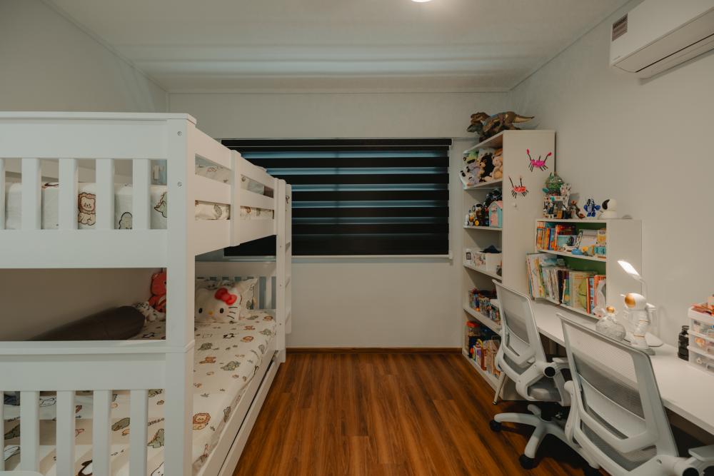 Scandinavian Bedroom with Bedside Table and Children's Beds