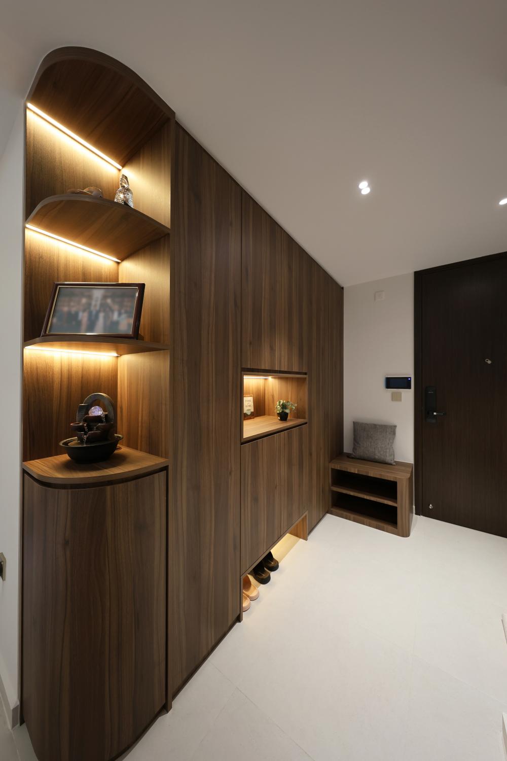 Minimalist Entryway with Seating Bench and Shoe Cabinets