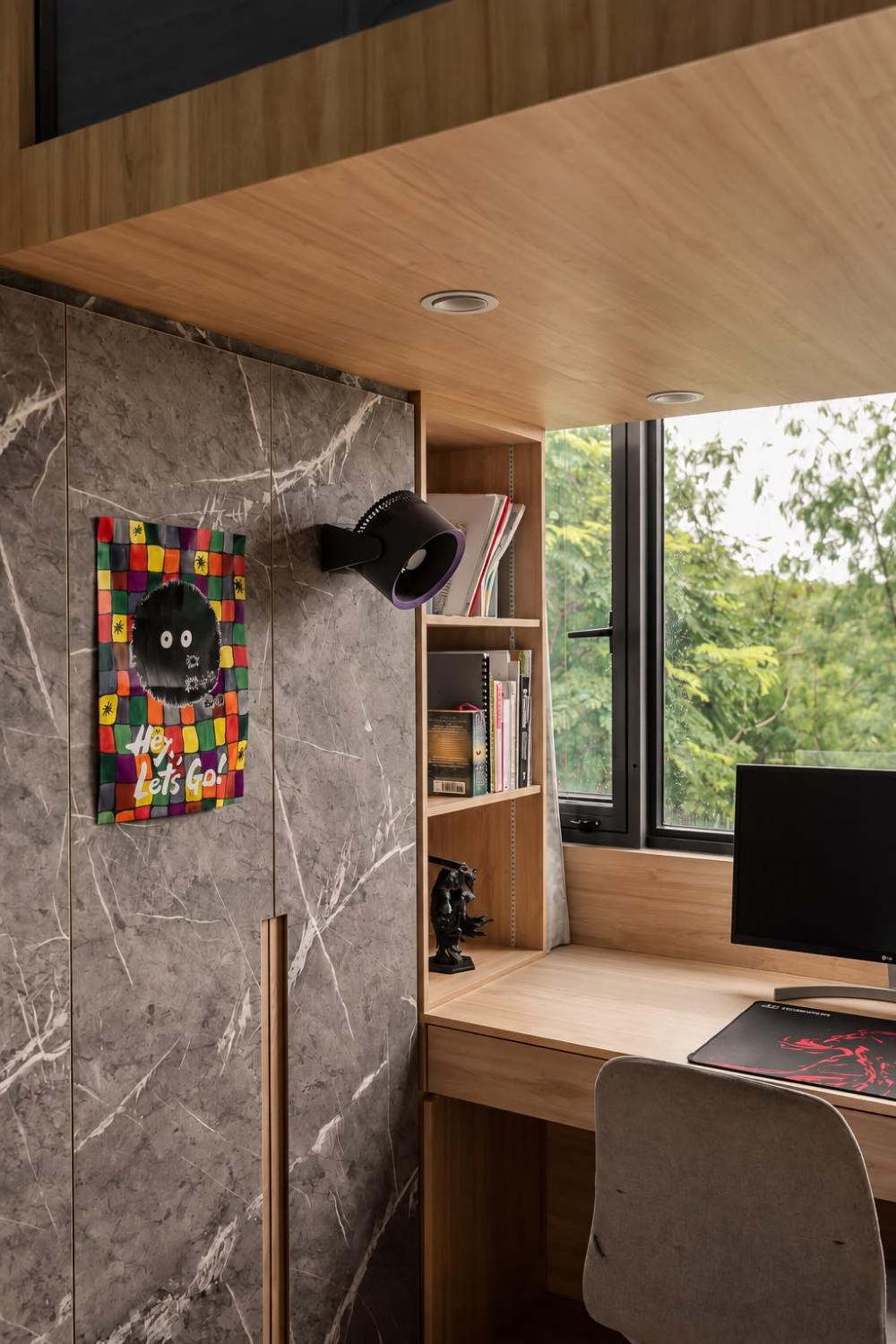 Asian Bedroom with Bookshelf and Platform Bed