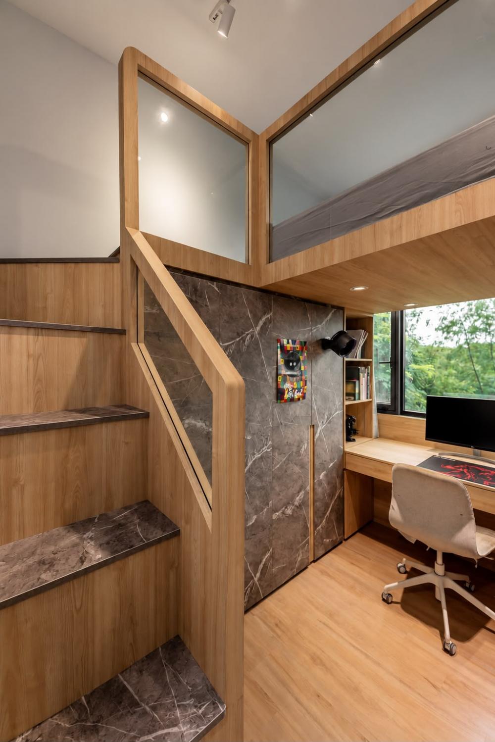 Asian Bedroom with Bookshelf and Platform Bed