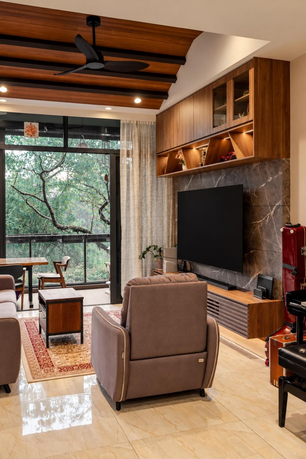 Asian Living Room with TV Console and Feature Wall