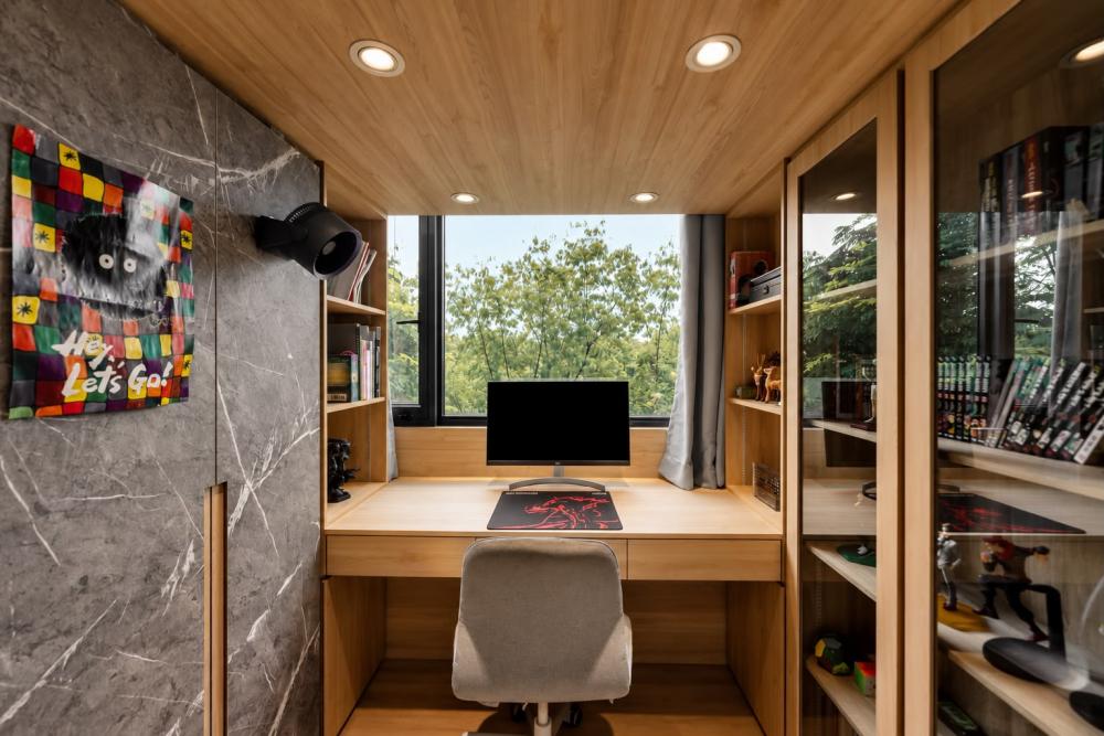 Asian Bedroom with Bookshelf and Wardrobe