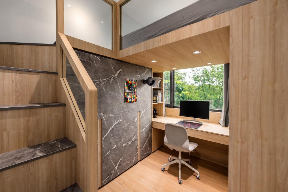 Asian Bedroom with Bookshelf and Platform Bed
