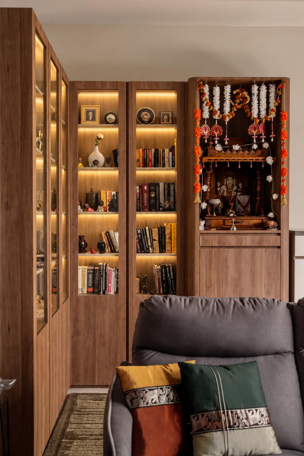 Asian Living Room with Bookshelf and Altar