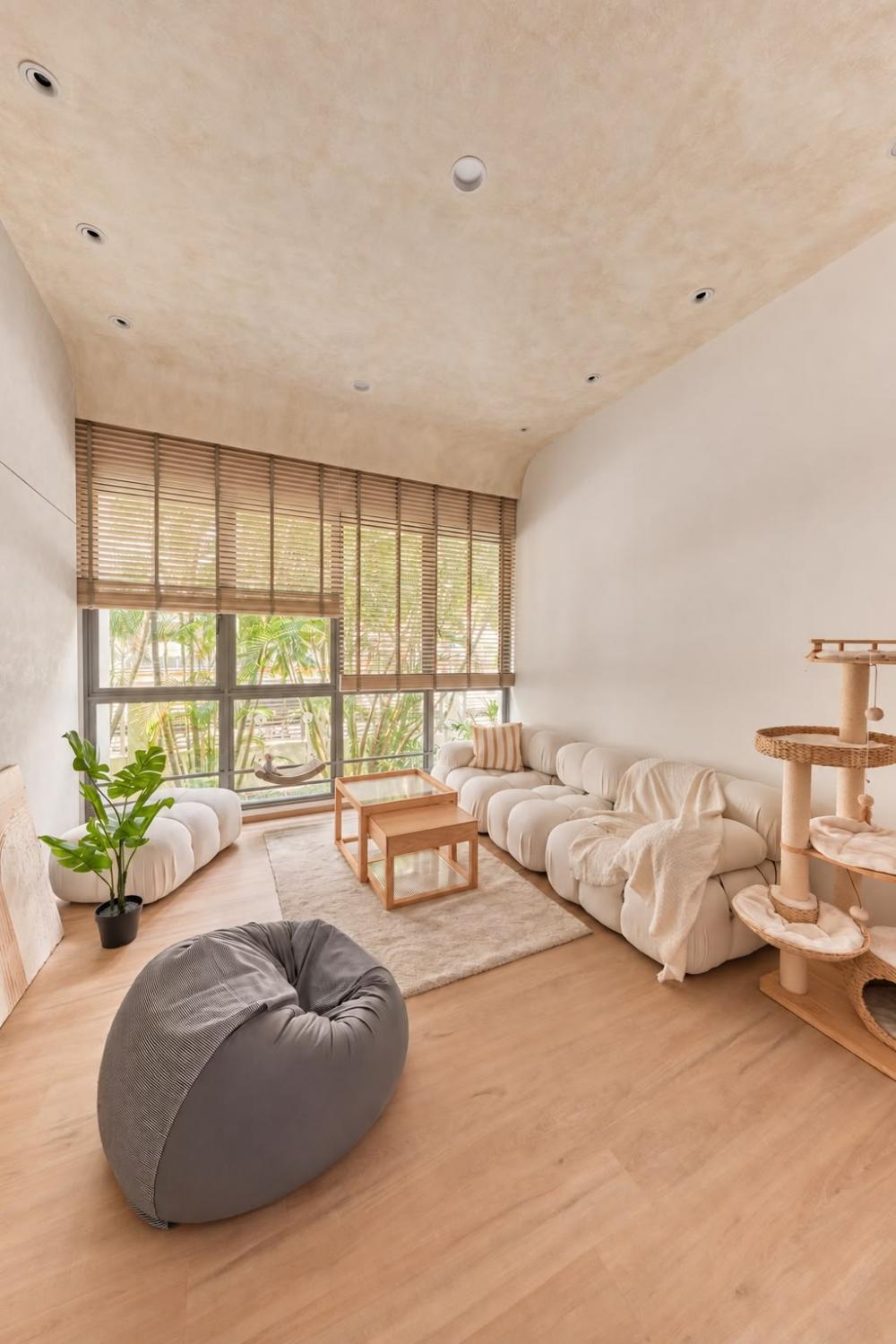Contemporary Living Room with Vinyl Flooring and Feature Wall