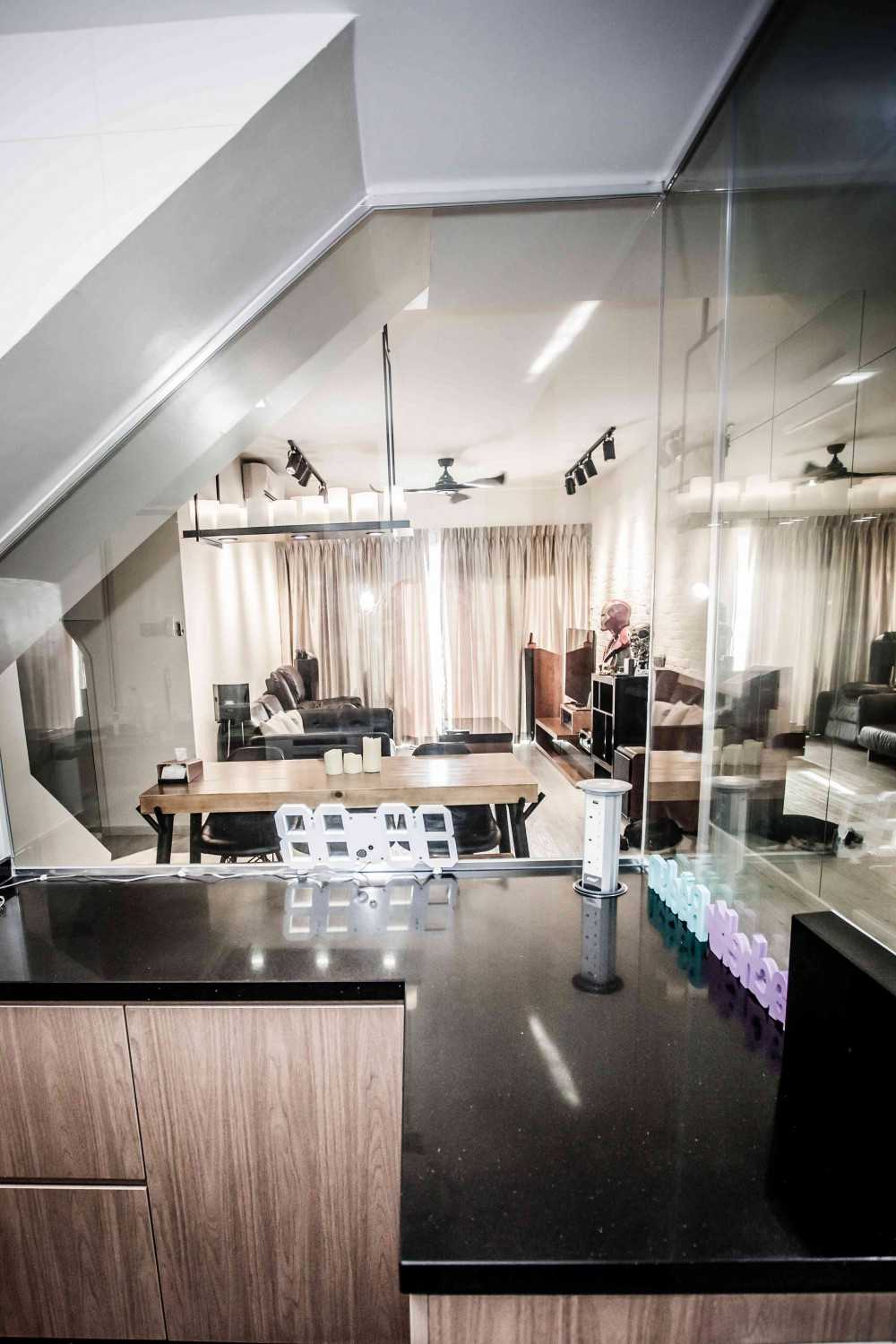 Contemporary Kitchen with Countertop and Glass Door
