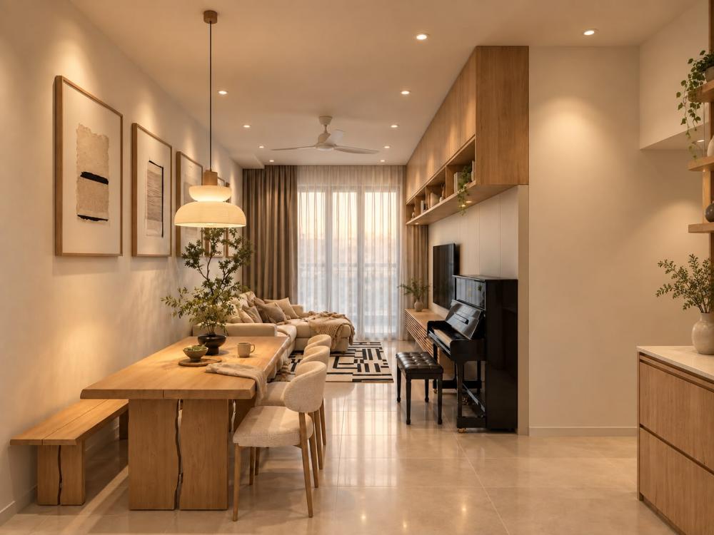 Contemporary Living Room with Homogeneous Tiles and TV Console