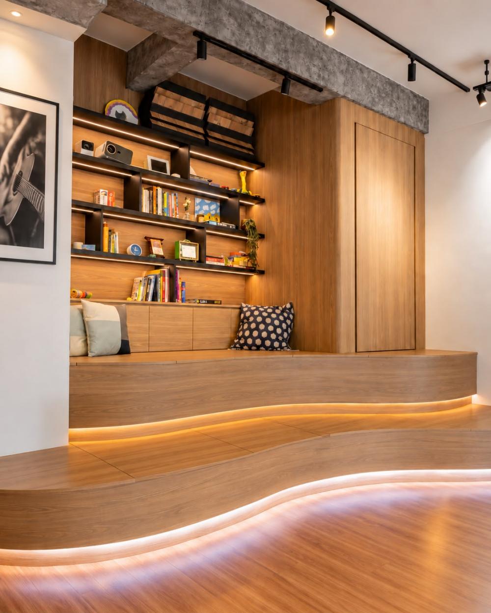 Eclectic Studio with Bookshelf and Storage Cabinets