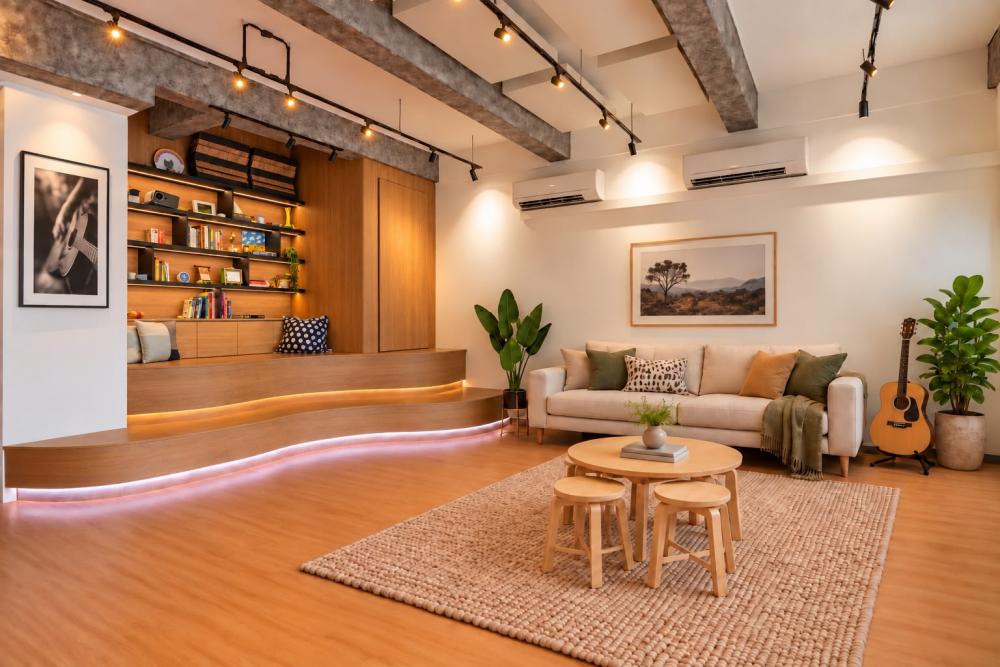 Eclectic Studio with Bookshelf and Storage Cabinets