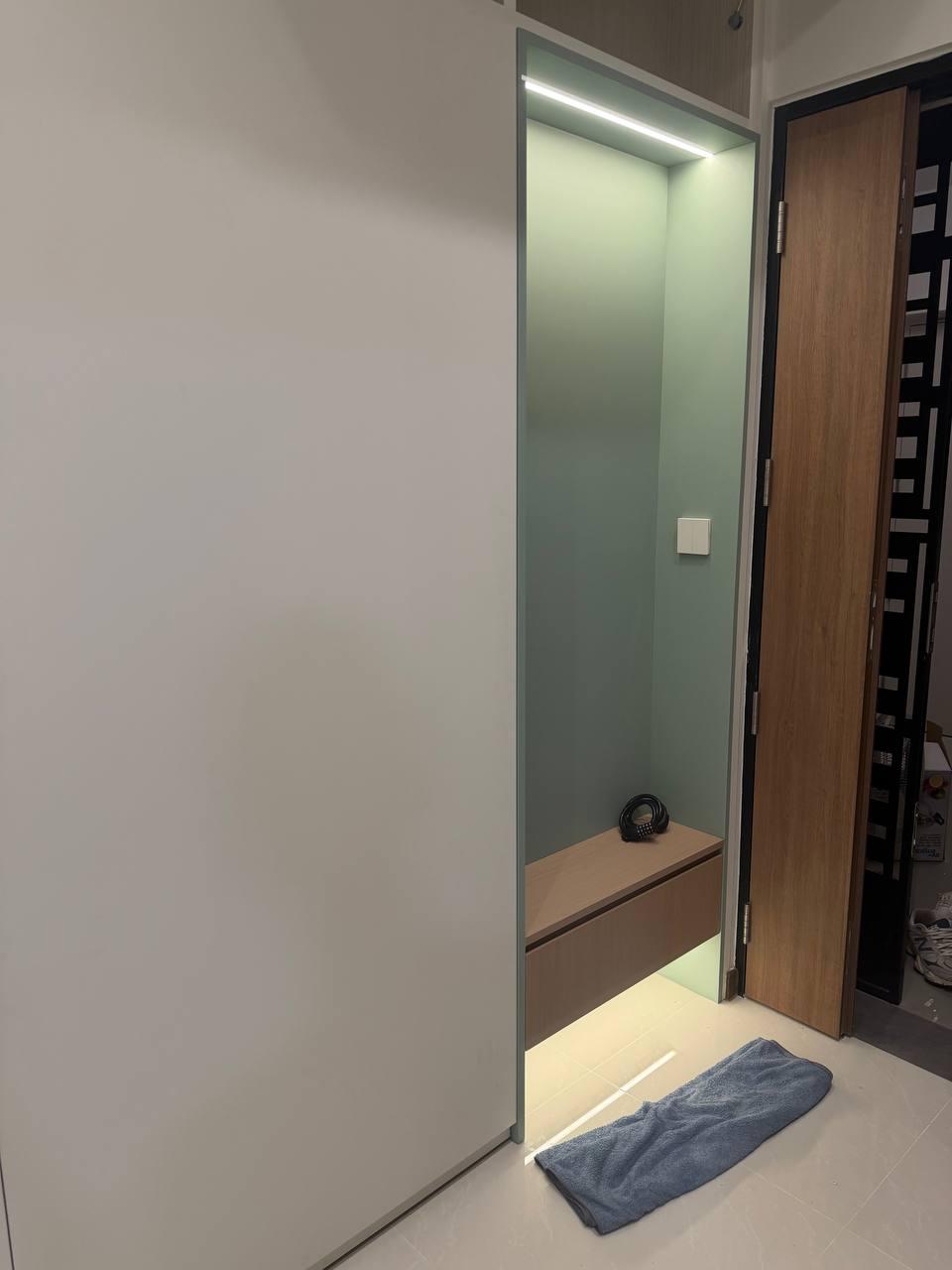 Minimalist Foyer with Shoe Rack and Shoe Cabinets