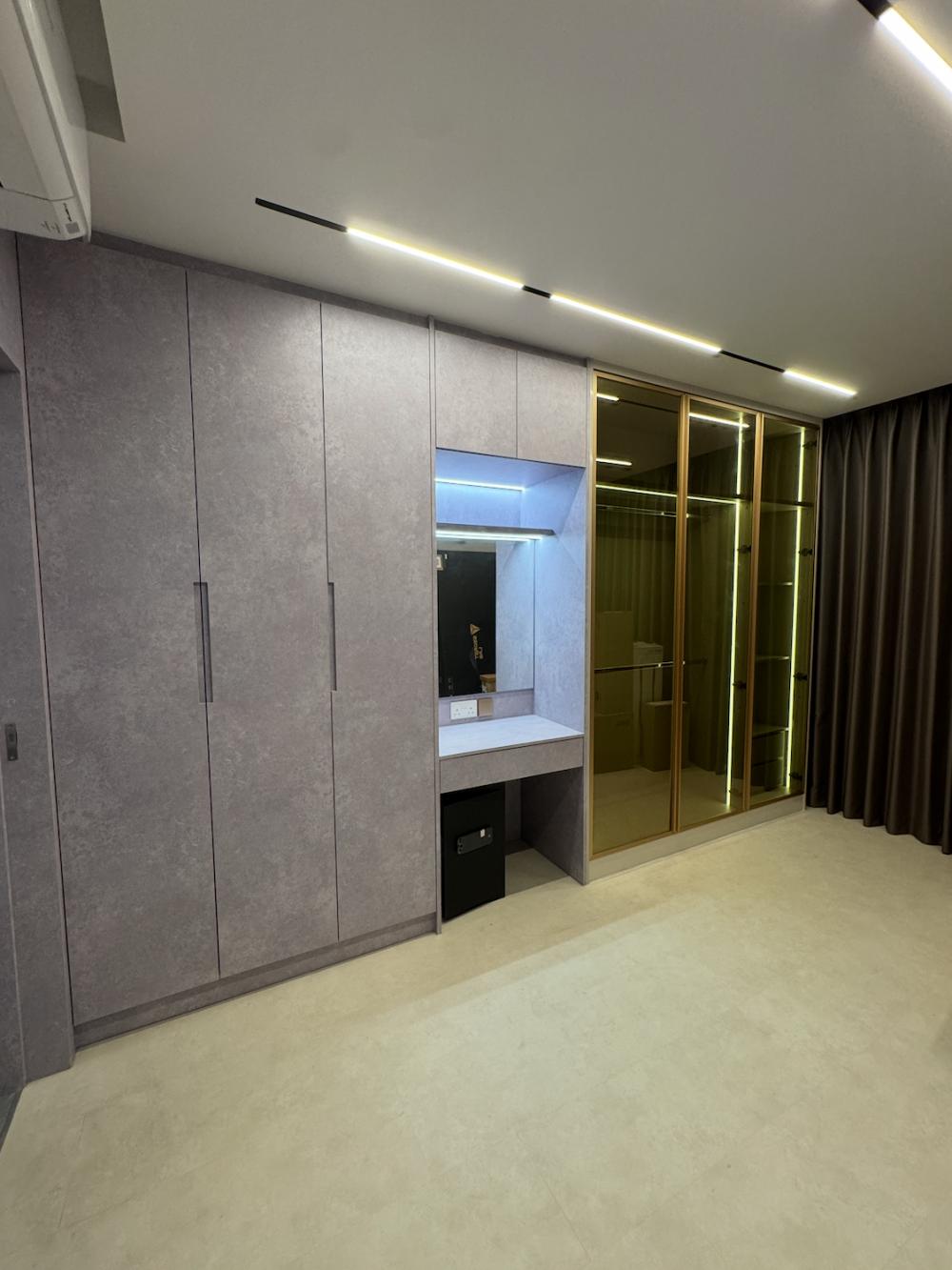 Modern Bedroom with Homogeneous Tiles and Ceiling Light