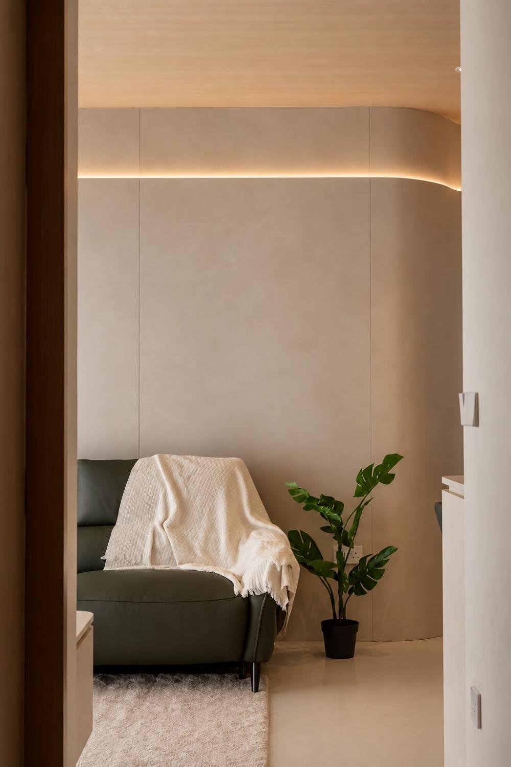 Contemporary Living Room with Feature Wall and Cove Lighting