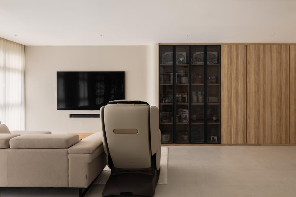 Modern Living Room with Homogeneous Tiles and TV Console