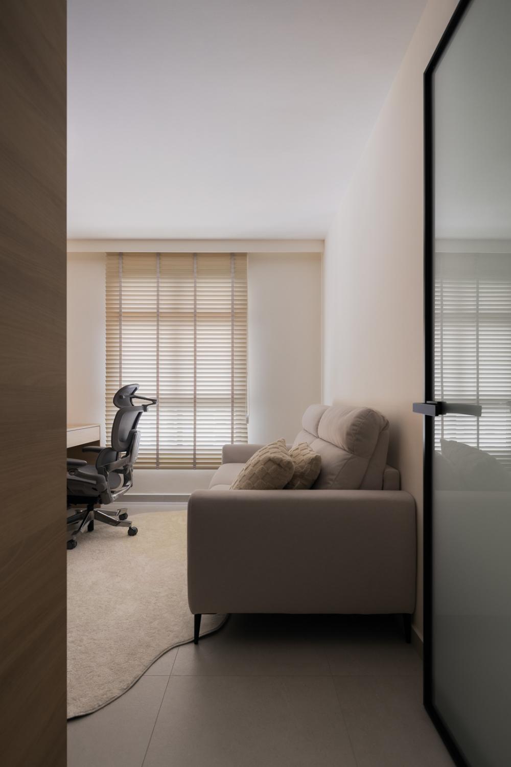 Modern Study with Homogeneous Tiles and Sofa