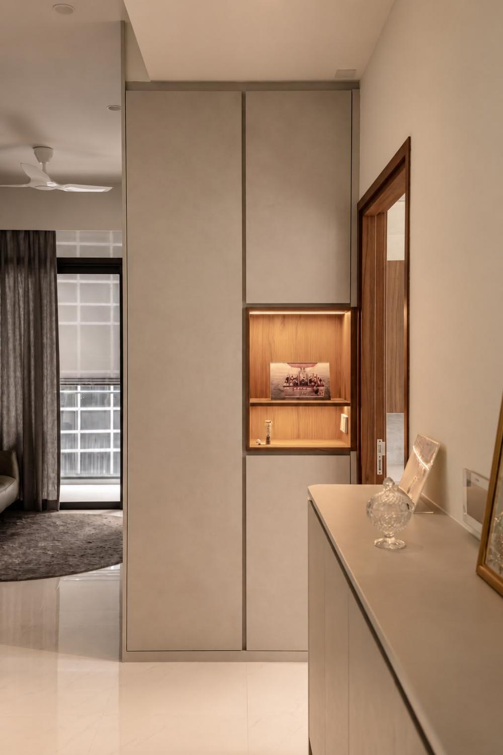 Contemporary Living Room with Bookshelf and Homogeneous Tiles