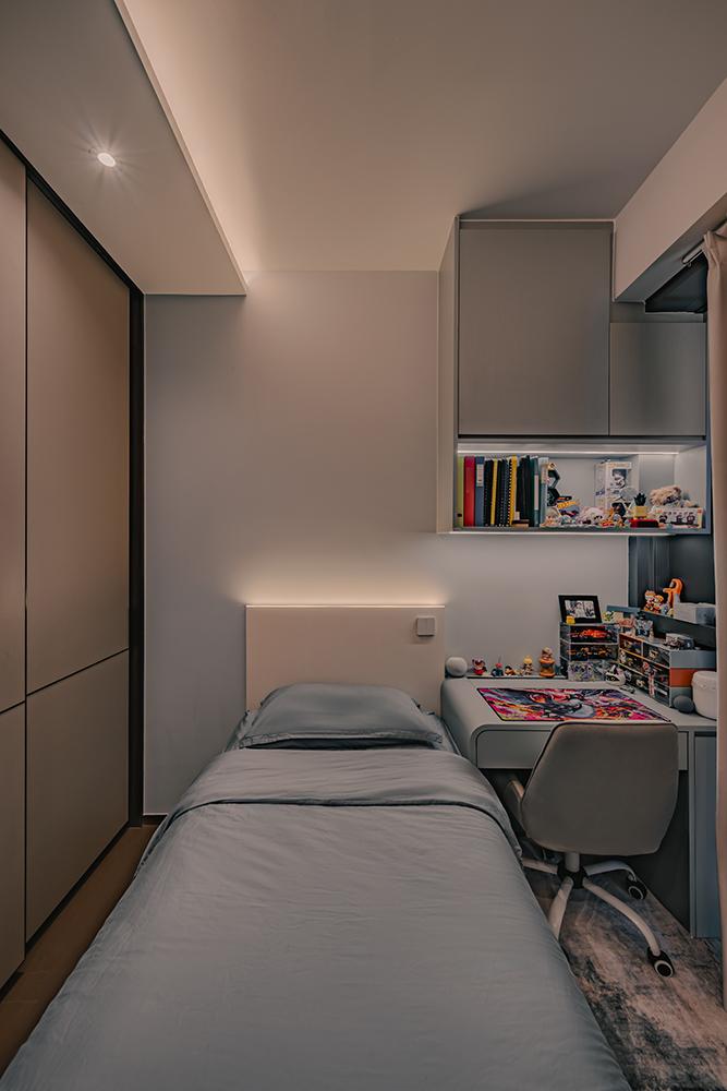 Modern Bedroom with Bookshelf and Paintings