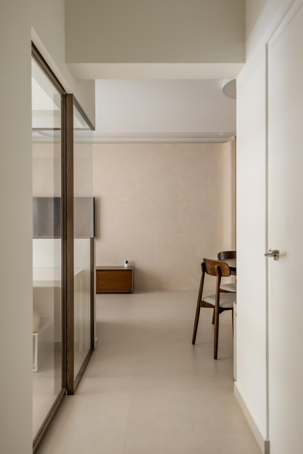 Contemporary Hallway with Paintings and Doors