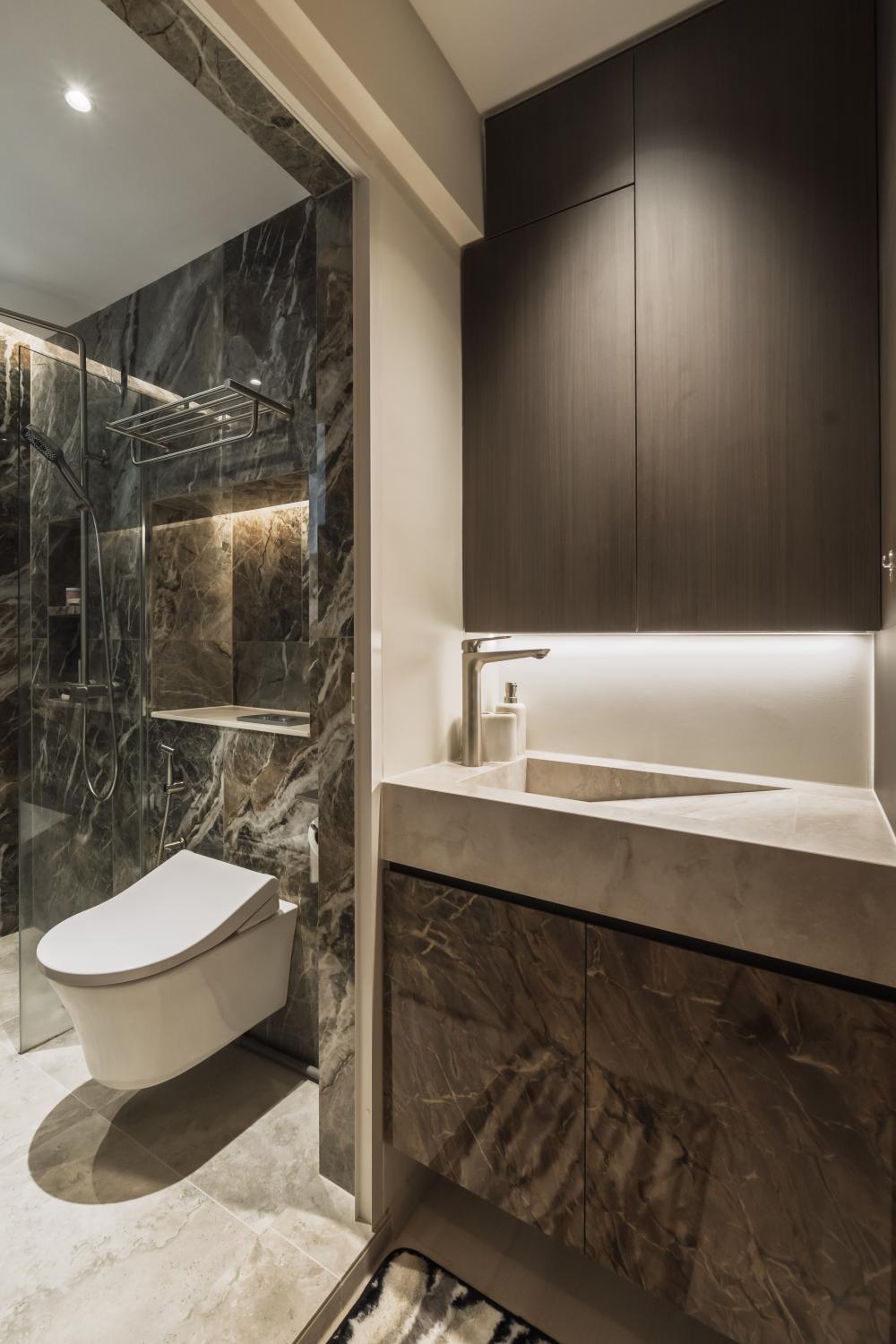 Country Bathroom with Countertop and Marble Floor