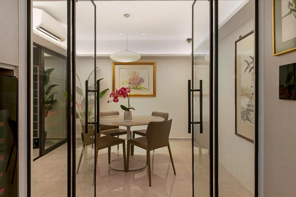 Modern Dining Room with Drop Ceiling and Ceiling Light
