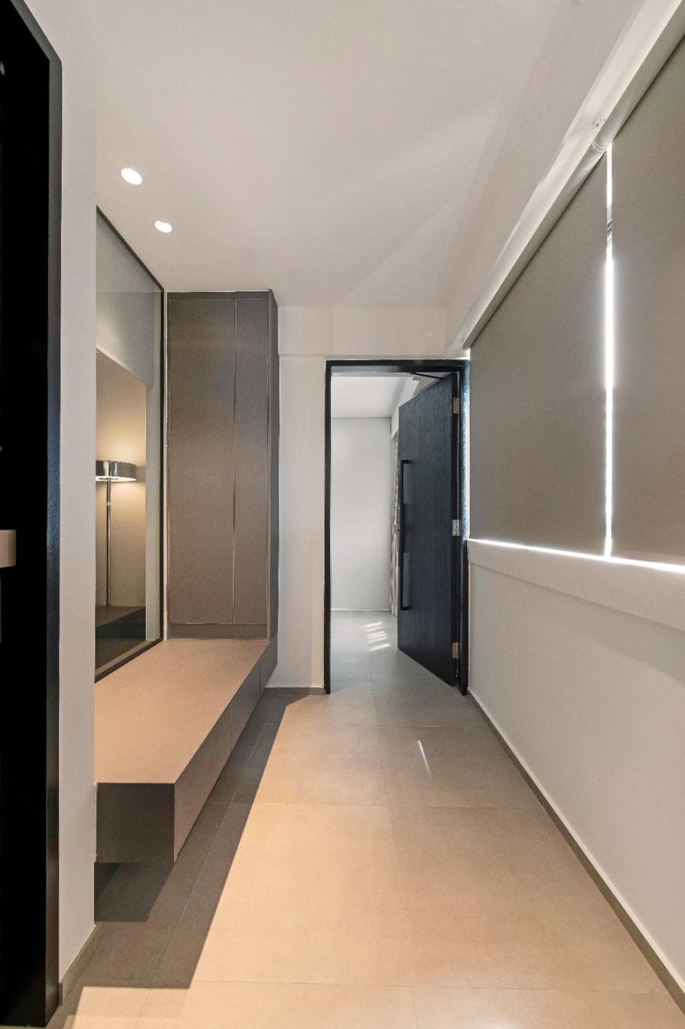 Modern Foyer with Planters and Shoe Cabinets