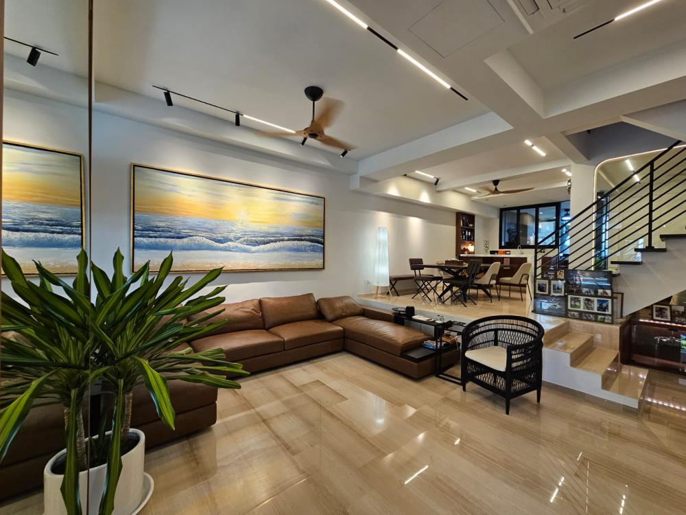 Contemporary Living Room with Mirror and Staircase