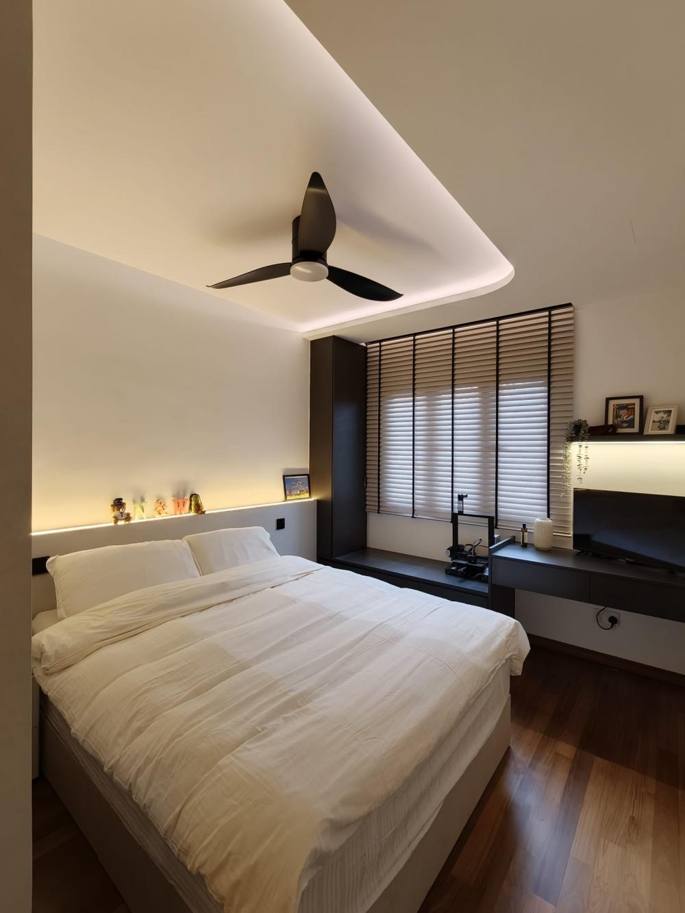 Modern Bedroom with Bookshelf and Wood Flooring