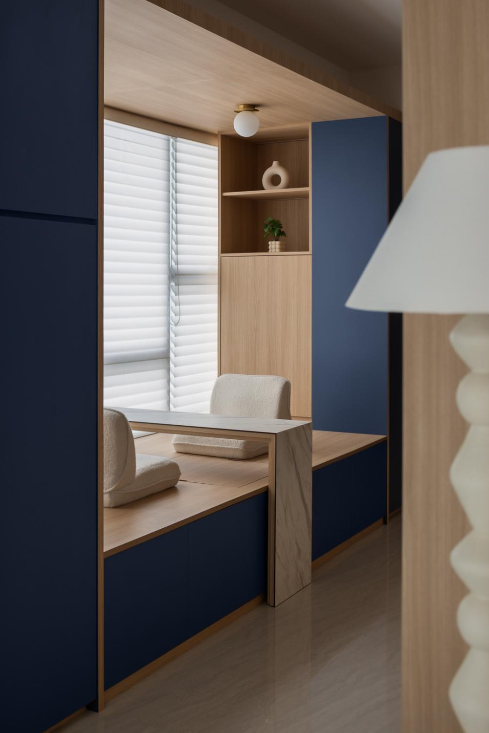 Contemporary Hallway with Bookshelf and Storage Cabinets