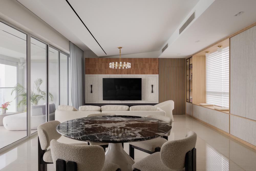 Contemporary Living Room with Settee and Marble Floor