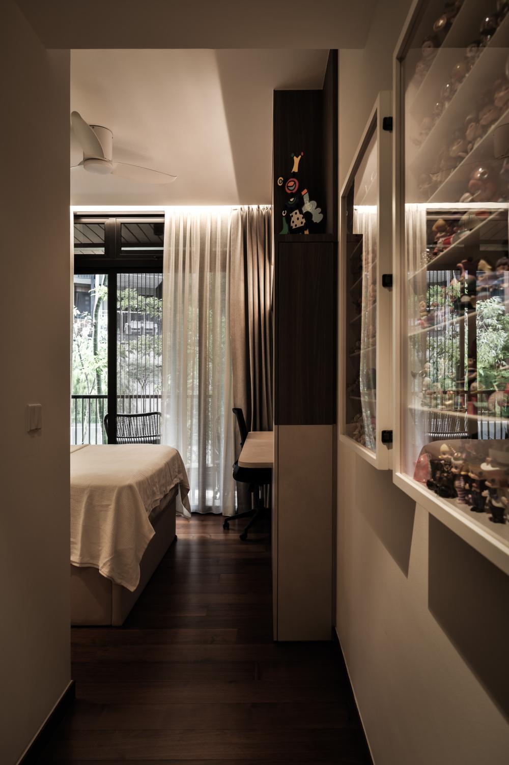 Modern Bedroom with Vinyl Flooring and Display Cabinets