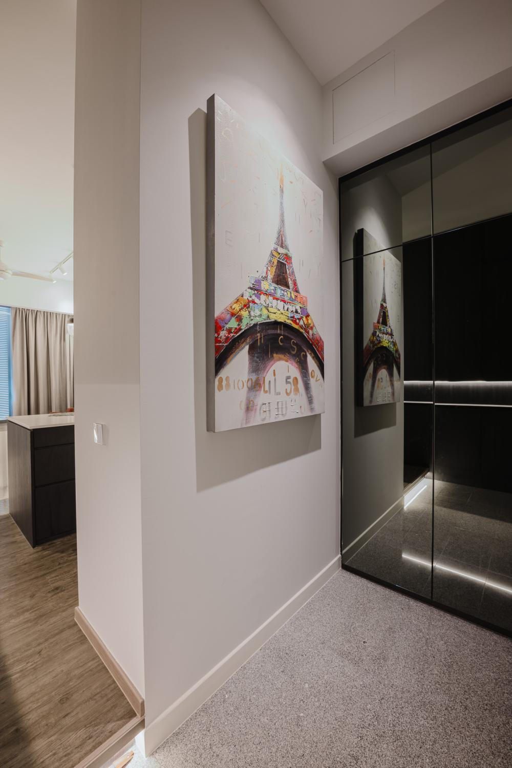 Minimalist Walk-in Wardrobe with Mirror and Artwork