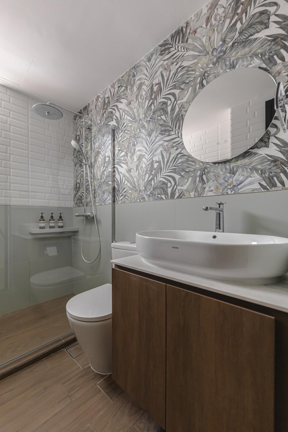Eclectic Bathroom with Mirror and Rainshower