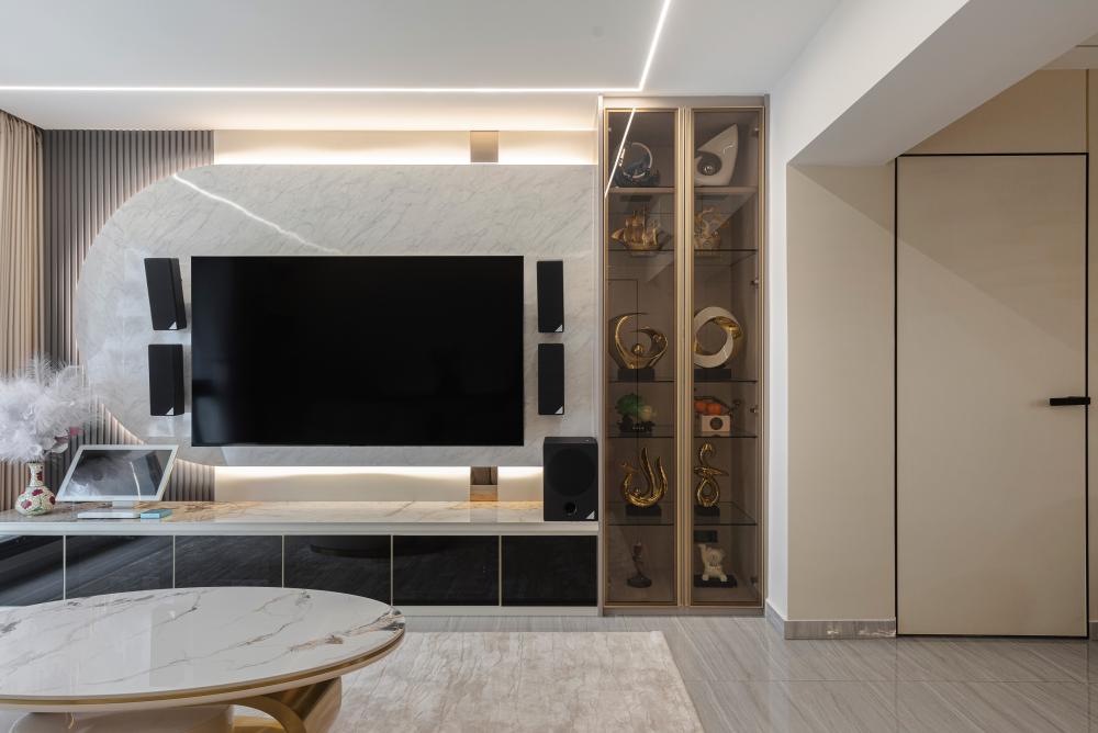 Modern Living Room with Homogeneous Tiles and TV Console