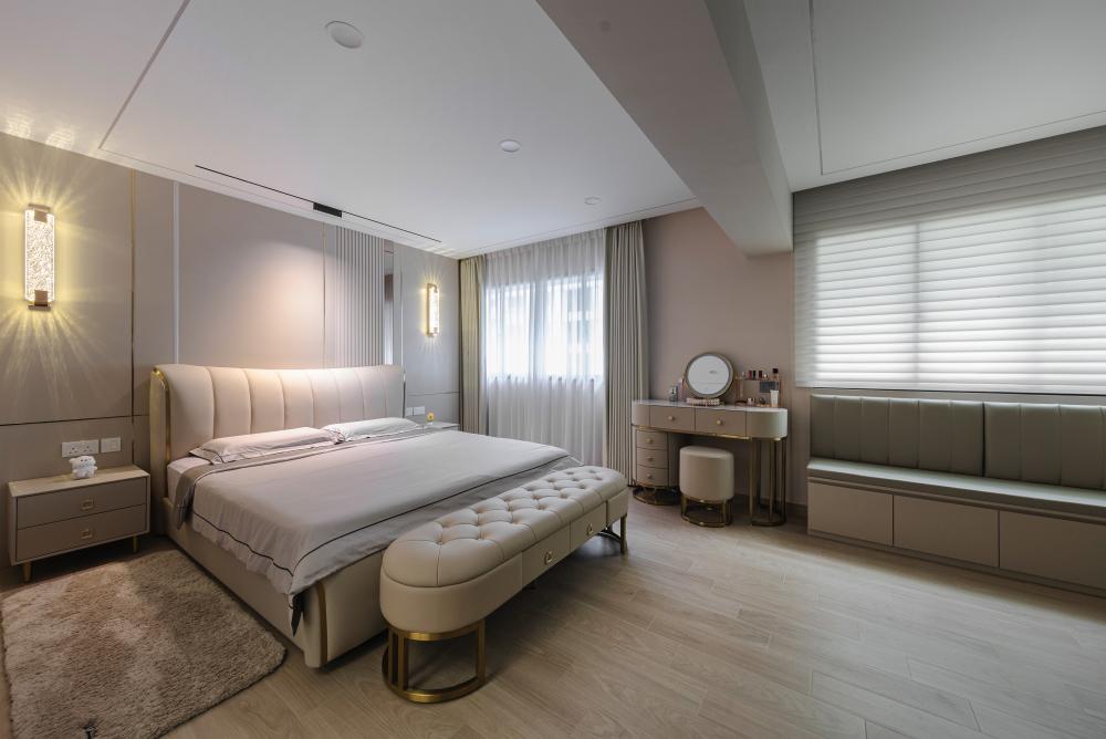 Modern Bedroom with Vinyl Flooring and Drop Ceiling