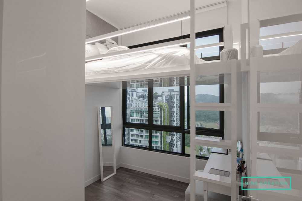 Contemporary Bedroom with Parquet Floor and Loft
