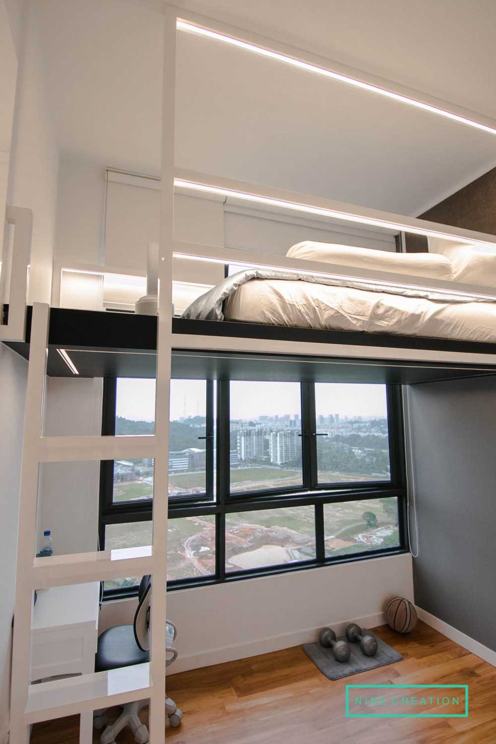 Contemporary Bedroom with Wood Flooring and Loft