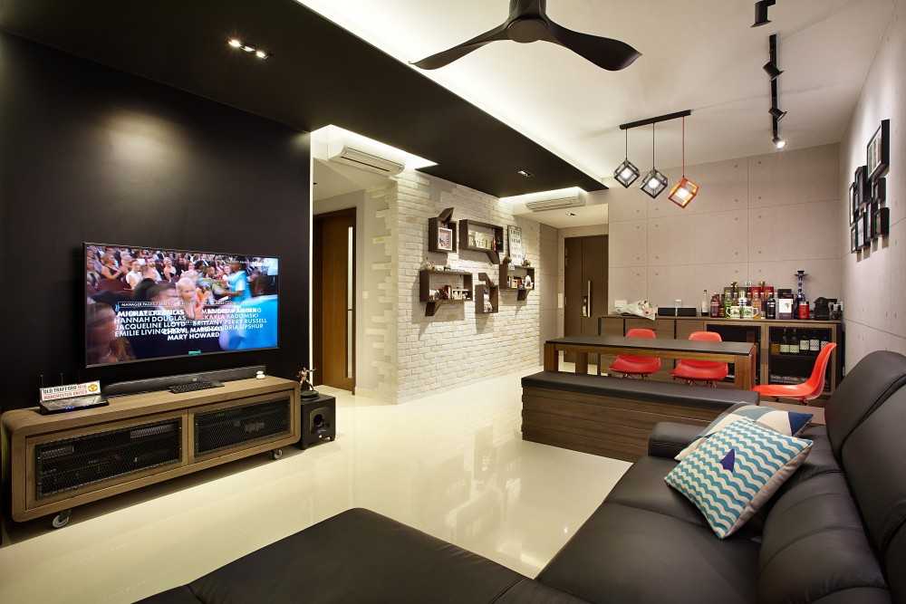 Eclectic Living Room with TV Console and Feature Wall