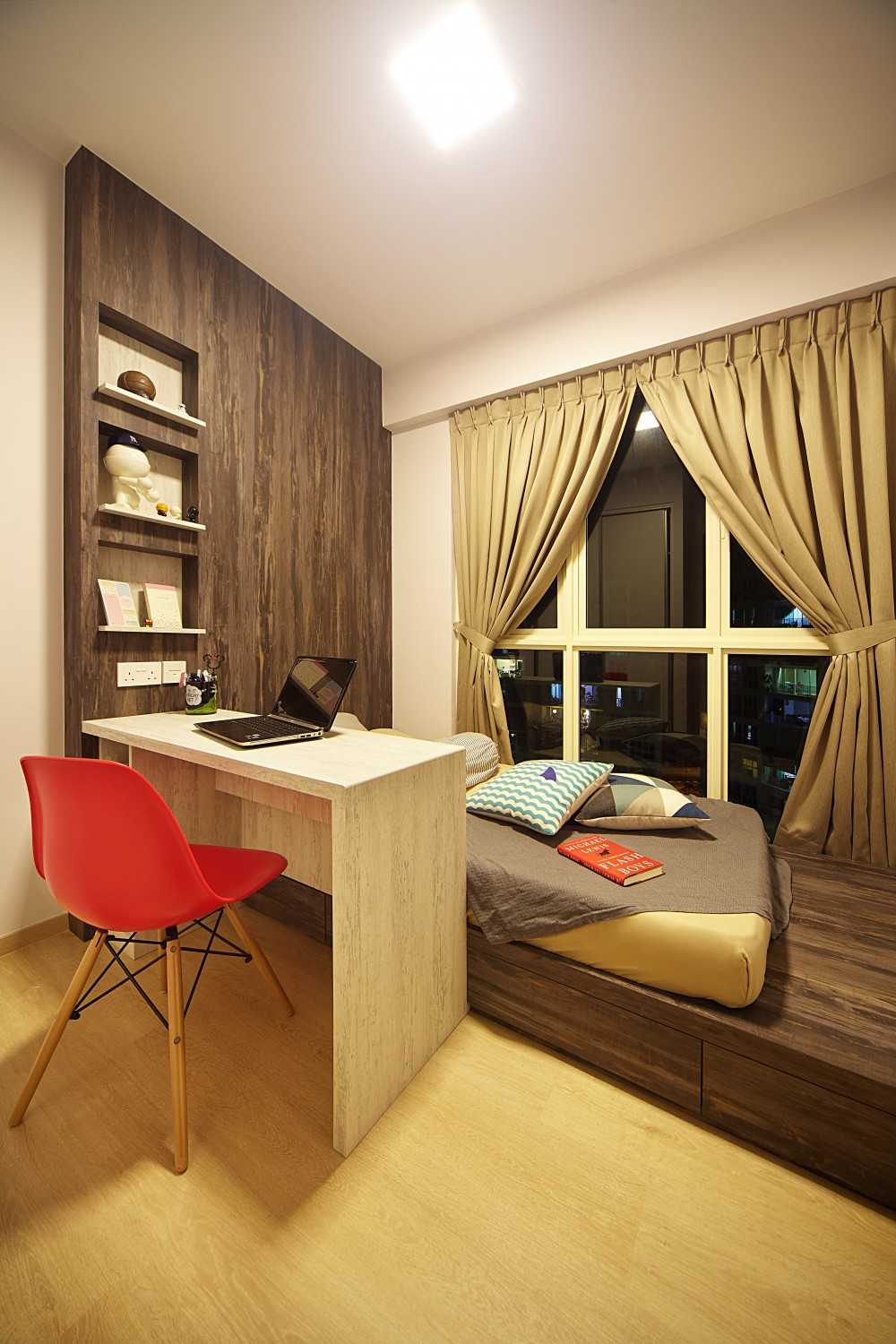 Eclectic Bedroom with Platform Bed and Ceiling Light